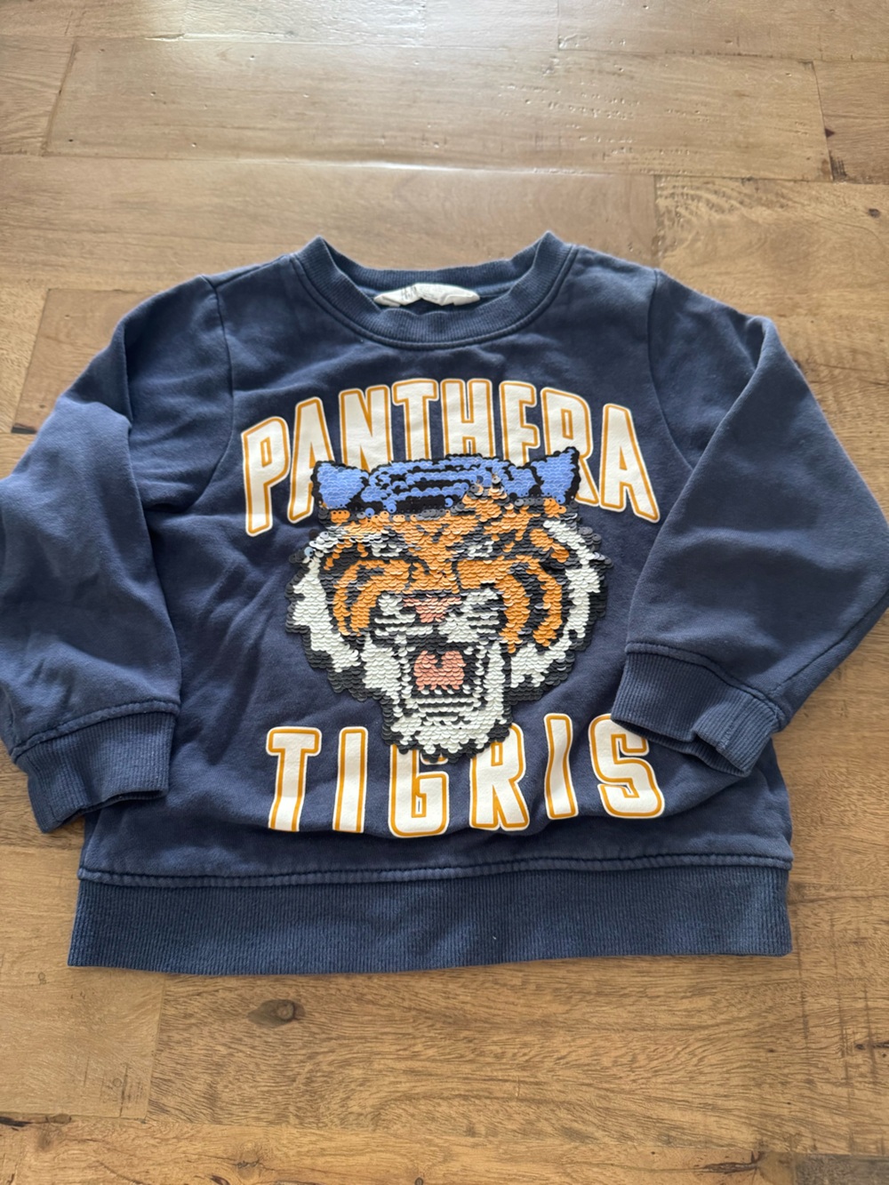 H&M Tiger sequins two way graphic Navy Kids Sweatshirt sz 4-6 years